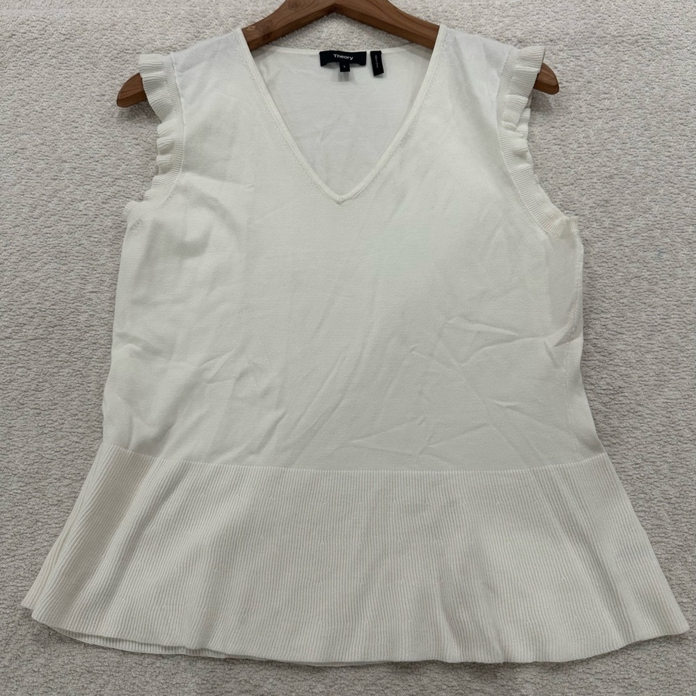 Theory Women’s Ruffle Peplum Sleeveless V-Neck Sweater White Size Large